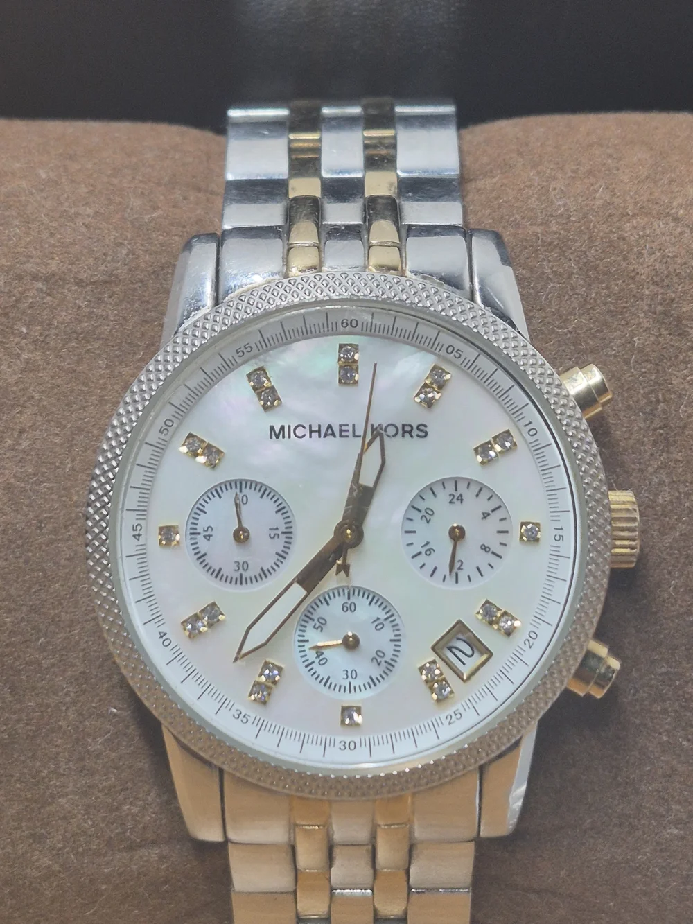 Michael Kors Ritz MK-5057 Two-Tone Chronograph Watch Mother of Pearl Dial Box